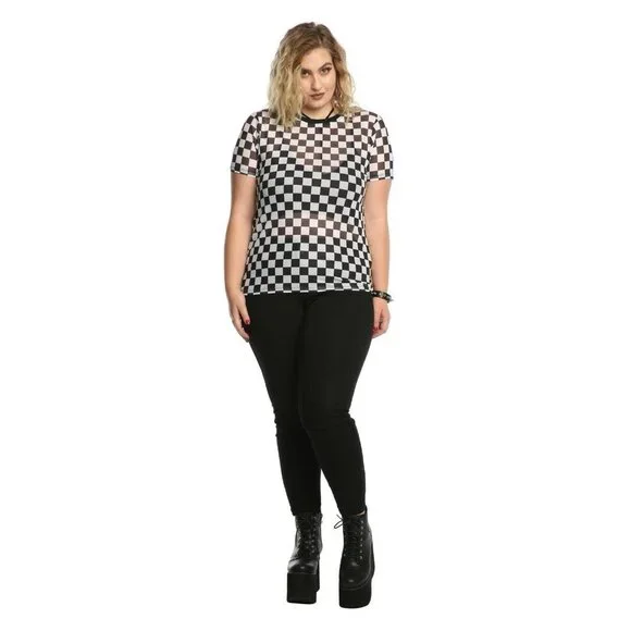 Hot Topic Black & White Checkered Women’s Mesh Top S/M - Picture 3 of 10